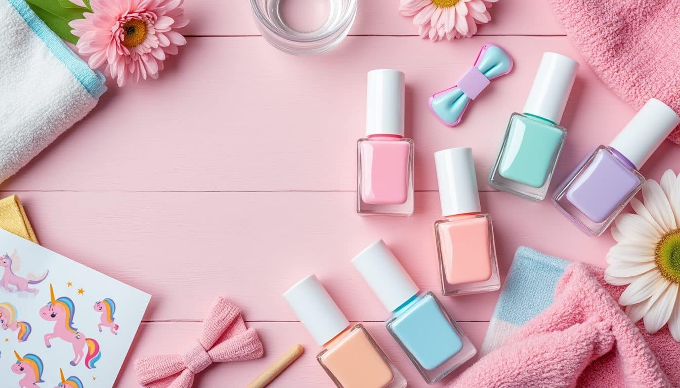 Flacons de vernis à l’eau pour enfant aux couleurs pastel, barrettes et nœud pour cheveux sur une table rose pâle